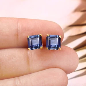 Ceylon Blue Sapphire Stud Earrings Blue Sapphire Asscher Earrings Gemstone Stud - Picture 1 of 4