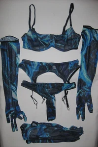 Aduloty marble print mesh underwire bra garter belt thong gloves & stockings S - Picture 1 of 4