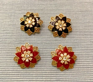 Vintage, Avon Black Enamel & Red Poinsettia, Gold Toned Earrings - Picture 1 of 4