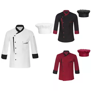 Mens Womens Long Sleeve Chef Jacket Coat Kitchen Canteen Work Uniform with Hat - Picture 1 of 52