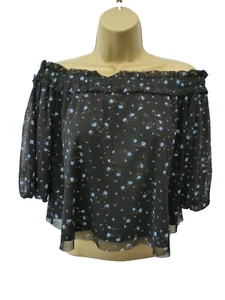 MISS SELFRIDGE Ladies Size 8 Black Blue Boho Floral Frilly Off The Shoulder Top - Picture 1 of 8