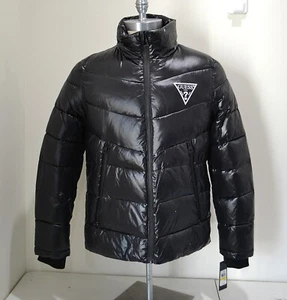 NEU MIT ETIKETT GUESS HERRENMANTEL GLÄNZEND SCHWARZ DURCHGEHENDER REISSVERSCHLUSS GEFÜTTERTE JACKE WARM MANTEL GR. M - Bild 1 von 7