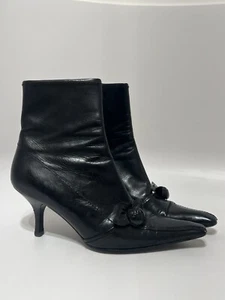 Vtg Prada Black Leather Flower Boots 38.5 - Picture 1 of 12