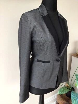 ATMOSPHERE CHARCOAL GREY GEO PRINT BLACK TRIM SMART BLAZER JACKET SIZE 8 EXCON - Image 1 of 4
