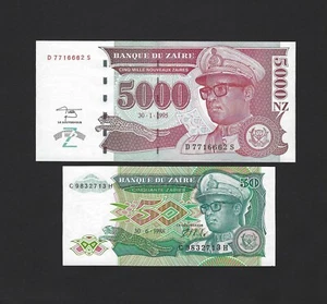 ZAIRE SET 50 ZAIRES + 5000 ZAIRES 1988 - 1995 P-32 AND P-69 UNC 2 NOTES - Picture 1 of 2