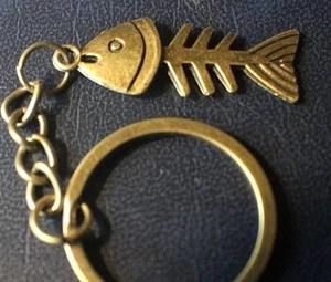 FISH BONE Big Head Bronze color Keychain Key Chain Fishing lightweight Gift USA - Picture 1 of 5