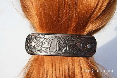 Large vegetable tanned Leather French hair barrette, black Leather Hair clip - Image 1 of 4