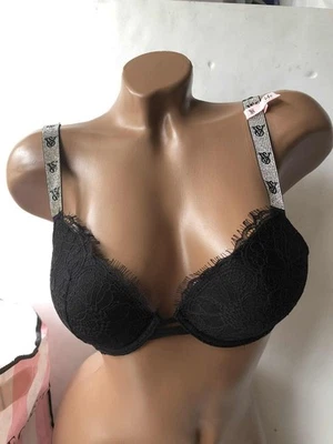 Victorias Secret Very Sexy Shine Strap VS Logo Push Up Bra Black Lace NWT - Image 1 of 4