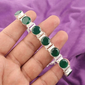 925 Sterling Silver Round Green Onyx Stone Engagement Chain Anniversary Bracelet - Picture 1 of 6