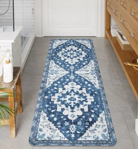 Vintage Bathroom Runner Blue Boho Non-Slip Long Bath Mat Oriental Soft Machin... - Picture 1 of 7