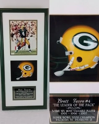 Brett Favre Signed Authentic Hologram Sticker w/ Mini Helmet Framed 30x14 #J2894 - Image 1 of 4