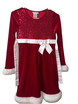 Bonnie Jean Girls Christmas Dress 14 Red Sequin Glitter White Fur Trim Tie Back - Image 1 of 4