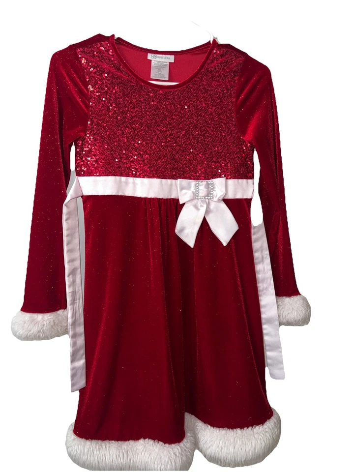 Bonnie Jean Girls Christmas Dress 14 Red Sequin Glitter White Fur Trim Tie Back - Image 1 of 4
