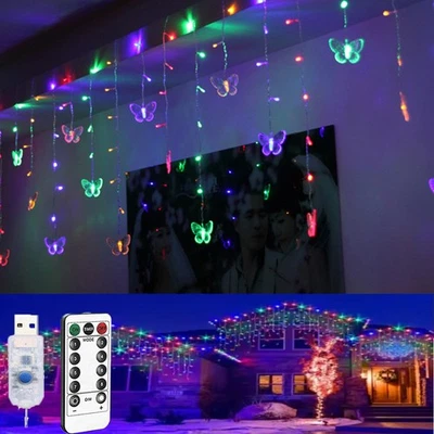 3.5m Butterfly LED Fairy String Strip LIGHT Festival Holiday Icicle Curtain USB - Image 1 of 4
