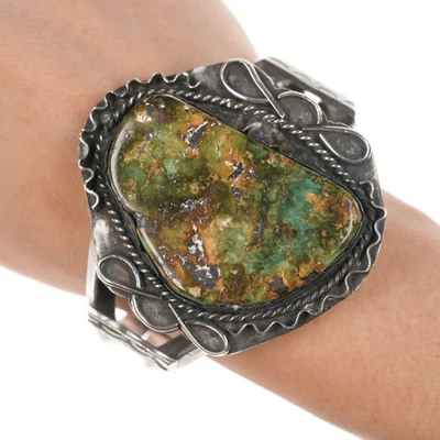 Brazalete Navajo 7" Grande Años 50-60 Plata y Verde Turquesa Foto 1 de 4