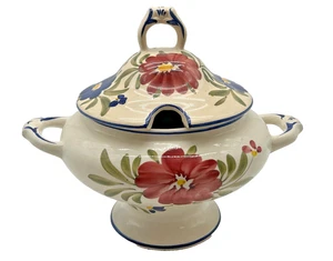 Hand Painted Ceramic Soup Tureen Bowl w/ Lid Floral Design Vintage | E26 G39 - Picture 1 of 15