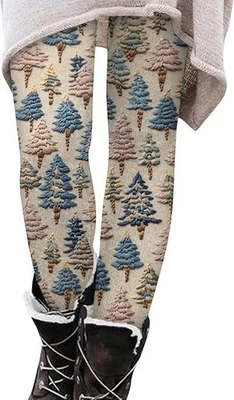 Leggings de Navidad Mujer Beige Estampado de Árbol Invierno Cálidos Elastizados Yoga Pantalones Foto 1 de 4