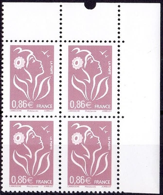 VARIETE N°3969b 0,86€ LILAS BLOC DE 4 TIMBRES LAMOUCHE SANS PHOSPHORE SIGNES  ** - Photo 1/2