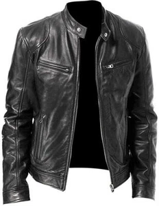 New Black Leather Jacket Motorcycle Biker Lambskin - Picture 1 of 6