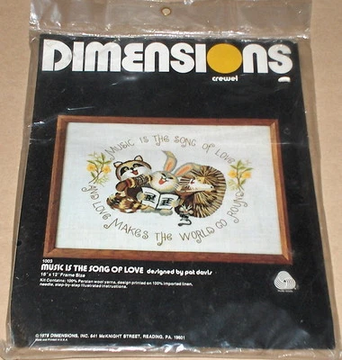 1978 Dimensions Linen Animals "Music is the Song of Love" Crewel Kit NIP 16x12" - Image 1 of 2
