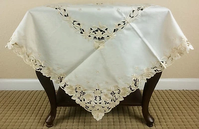 Coffee Side End Table Cover Embroidered Floral Cutwork Tablecloth 42x42" Beige - Image 1 of 4
