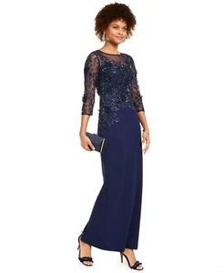Adrianna Papell Women's Light Navy Beaded Illusion Column Gown 8 $349 - Picture 1 of 7