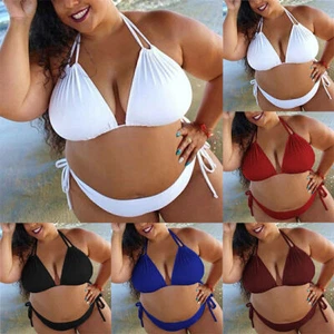 Plus Size Women Halterneck Bikini Set Beachwear Padded Bra Swimwear Bathing Suit - Picture 1 of 17
