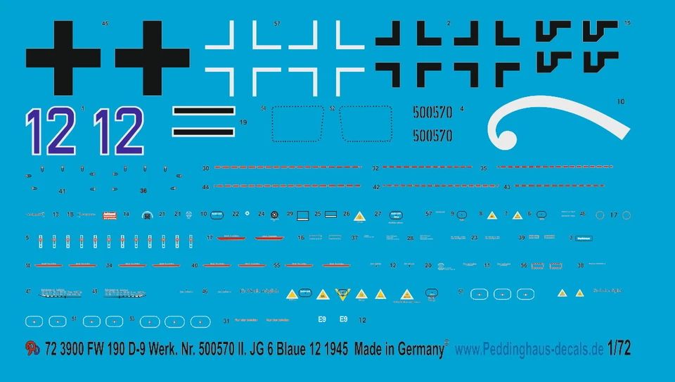 Peddinghaus-Decals 1:72 3900 Fw 190 D-9 Blu 12 Werk. No. 500570 Ii. Jg 6 1945 - Immagine 1 di 1