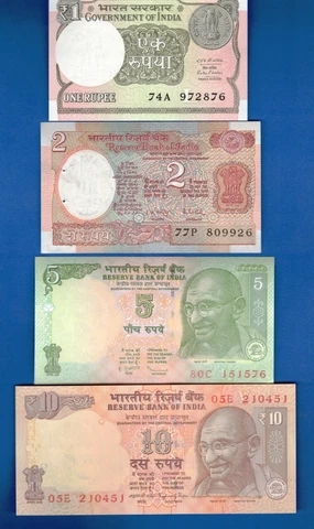 India 1, 2, 5, 10 Rupees Rig Tiger Farmer Gandhi Uncirculated Banknotes Set-5 Cover