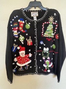 Heirloom Collectibles Women’s Christmas Holiday Sweater Santa Elves Novelty Sz M - Picture 1 of 15