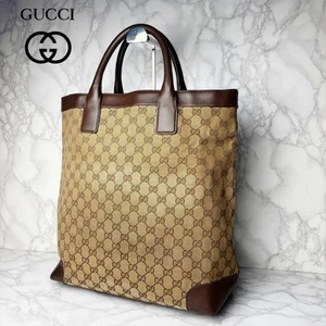GUCCI Tote Bag Hand GG Canvas Leather Beige Brown Vertical Logo From Japan - Picture 1 of 24