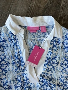 Isaac Mizrahi Womens Shirt linen blue &White New coastal resort Size Medium Top - Picture 1 of 7