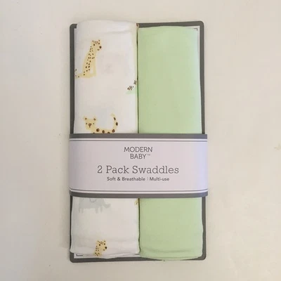 NEW Swaddle Baby Blankets  (0-3M) Animal  Print and Solid Green | Modern Baby - Image 1 of 4
