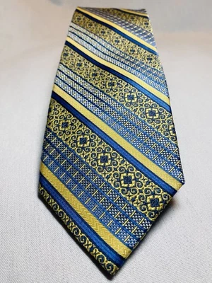 BRUNO PIATTELLI 男式 100% 真丝蓝色和金色领带设计师 X-Long 62 英寸二手状况完好 — 第 1/4 张图片