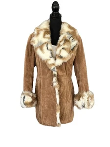 Abrigo Penny Lane vintage para mujer Y2K cuero tostado ribete de piel sintética años 90 talla 8 - Imagen 1 de 17