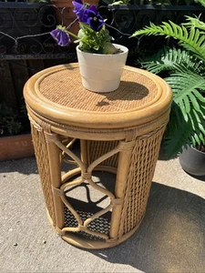 Vintage Bamboo Round Side Table Retro Wicker Tiki Boho Round Plant Stand Great! - Picture 1 of 8