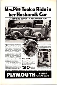 PRINT AD 1936 Plymouth Convertible and Sedan Mrs. Pitt Took a Ride 6.5 x 10 - Picture 1 of 1