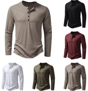 Men's Shirt Cotton Henley Neck T-Shirts Long Sleeve Casual Button Plain 25% OFF - Picture 1 of 38