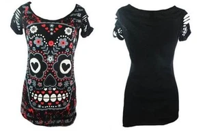 DBN563 BANNED APPAREL Black Slashed Sleeve Large Graphic Candy Skull Shirt/Dress - Bild 1 von 5