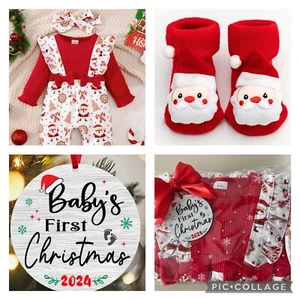 Cute Baby Girl, Santa 3 piece set, gift wrapped & 1st Christmas plaque 6–9 mths - Picture 1 of 9