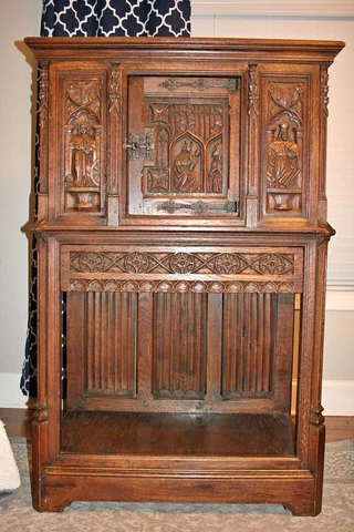 *Large Antique Gothic Revival Cabinet/Console, Highly Carved in Oak Cover