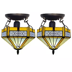 Pair of 2 Tiffany Hexagon Style Yellow Ceiling Lamp 10 inch Stained Glass Shade - Picture 1 of 17