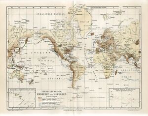 1895 WORLD EARTHQUAKES and SEA EARTHQUAKES VOLCANOES Antique Map