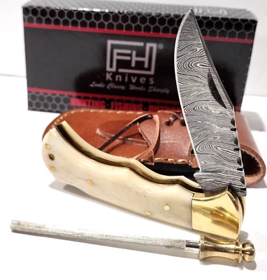 Genuine Damascus Blade White Smooth Bone Handles Pocket Knife Sheath Sharpener - Image 1 of 4