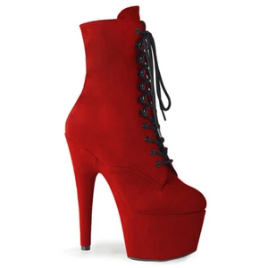 PLEASER ADORE-1020FS 7" Heel Platform Red Faux Suede Lace Up Ankle Boots - Picture 1 of 6
