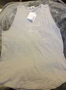Ever Ellis Tank gray racer back Medium white embroidered Cheat Day workout top - Picture 1 of 5
