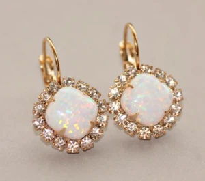 3Ct Cushion Cut Simulated Fire Opal Women's Drop Earrings 14K Yellow Gold Plated - Picture 1 of 11