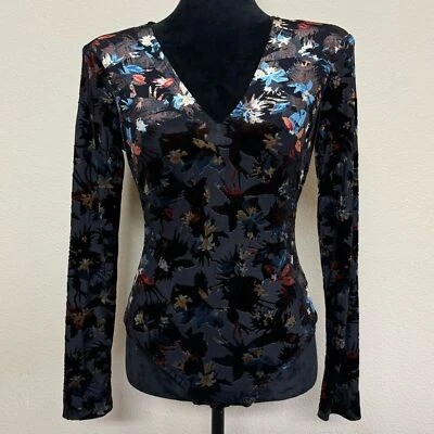 ASTR top women small long sleeve vneck shoulder pad velvet detail bodysuit black - Image 1 of 4