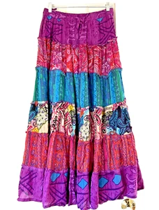 Anu By Natural Pink Blue Floral Pleated Maxi Boho Gypsy Skirt XL Cottage Core - Picture 1 of 6