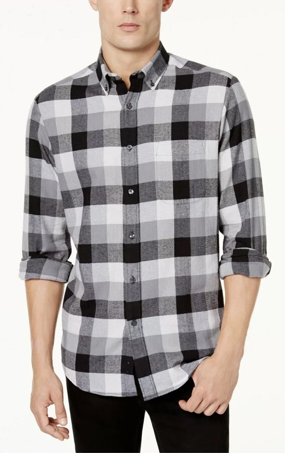 Club Room Mens B/w Plaid Flannel Casual Button-down Shirt Top S BHFO 8761